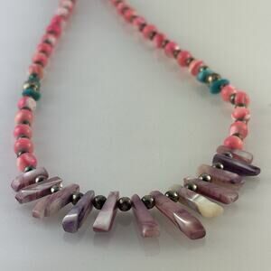 Long Vintage Purple Agate Stone With Pink & Turquoise Beaded Necklace